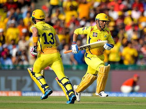 Chennai Super Kings cricketer Faf du Plessis (L) and MS Dhoni run between the wickets during the 2019 Indian Premier League. (Photo | AFP)