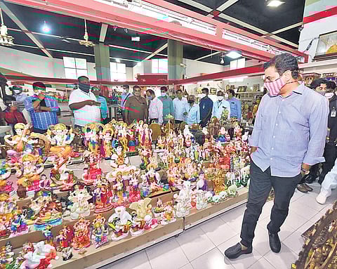Industries Minister KT Rama Rao at the Golkonda Handicrafts Showroom in Hyderabad on Monday