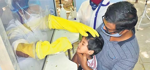 A boy gets tested for Covid-19 at Fever Hospital in Hyderabad on Monday | RVK Rao