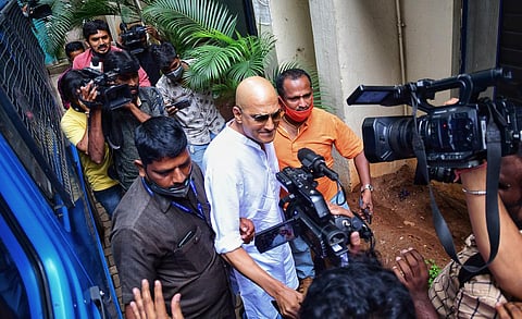 Film director Indrajit Lankesh arrives at the CCB office. (Photo | Shriram BN, EPS)