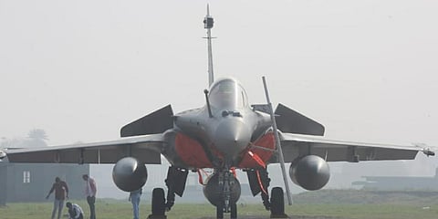 An Indian Air Force Rafael fighter jet is pictured before an induction ceremony at the Ambala Air Force Station on Wednesday. (Photo | Shekhar Yadav, EPS)
