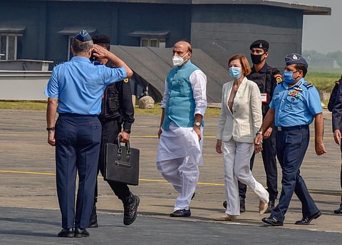 Union Defence Minister Rajnath Singh, Minister of Armed Forces of France Florence Parly and Air Chief Marshal RKS Bhadauria during the induction ceremony of Rafale jets. (Photo | PTI)