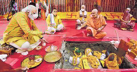 Prime Minister Narendra Modi performs Bhoomi Pujan at Ram Janmabhoomi Mandir, in Ayodhya. (File Photo | PIB)