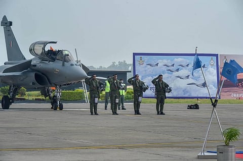 IAF pilots before flying the first batch of five Rafale aircraft during its induction ceremony at the airbase in Ambala Thursday. (Photo | PTI)