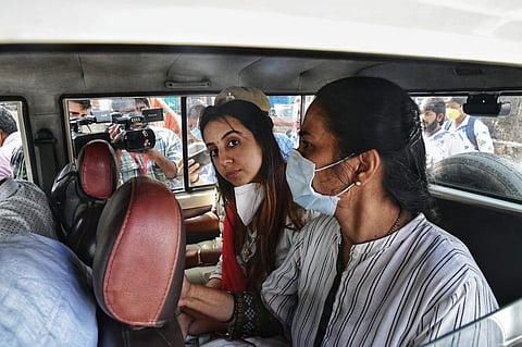 Police personnel escort actor Sanjjanaa Galrani to a hospital for medical checkup after she was arrested in the drugs case in Bengaluru. (Photo | Shriram BN, EPS)