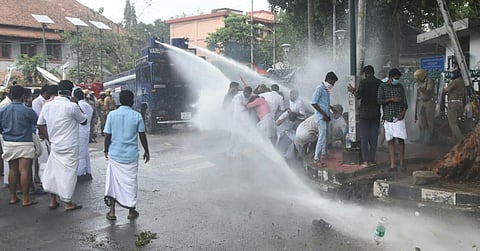 Police use water cannons to disperse Youth Congress workers protesting in front of the secretariat demanding resignation of KT Jaleel (Express Photo | BP Deepu)