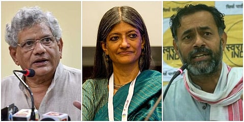 From left: Sitaram Yechury, Jayati Ghosh and Yogendra Yadav (File Photos | PTI, Wikipedia)