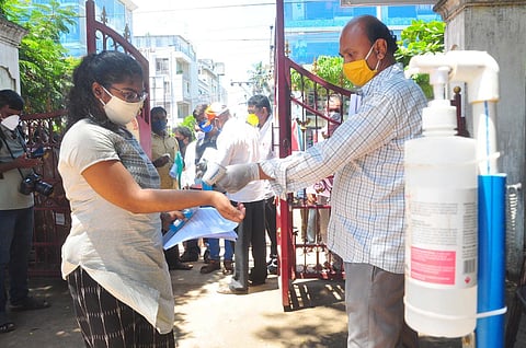 Students entering the Examination centre the NEET Exam in Visakhapatnam on Sunday. (Photo | G Satyanarayana, EPS)
