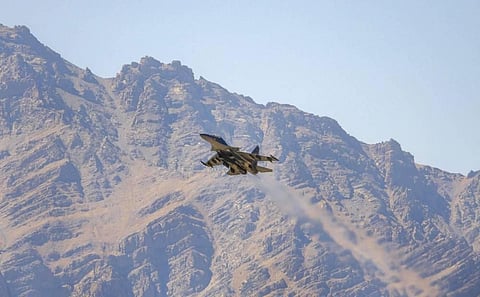 IAF Sukhoi Su-30 jet flies over Ladakh region amid the prolonged India-China face off in Leh district Monday Sept. 14 2020. (Photo | PTI)