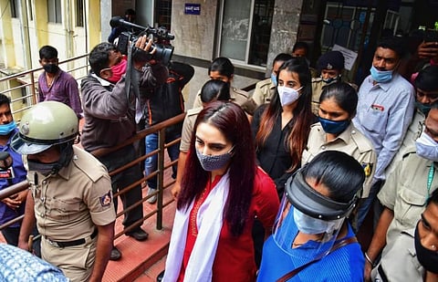 Actress Ragini and Sanjana, accused in drug case were taken to KC General hospital in Malleshwara for medical check up on Monday in Bengaluru. (Photo | Shriram BN/EPS)
