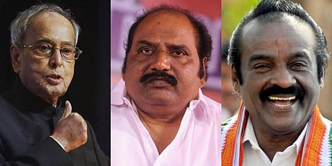 From L to R former President Pranab Mukherjee, DMK MLA J Anbazhagan, Congress MP H Vasanthakumar