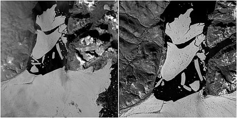 In this image proved by the European Space Agency, ESA, showing the glacier section that broke off the fjord. (Photos | AP)