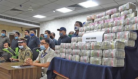 Hyderabad CP Anjani Kumar addressing the media after unaccounted cash worth `3.75 crore was seized from four persons in Hyderabad on Tuesday | RVK Rao