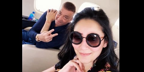 Sanjay Dutt (L) and wife Maanayata on their flight to Dubai. (Photo| Instagram)