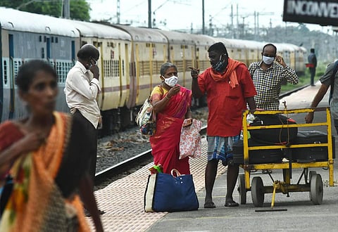 Unmindful of restrictions for visitors at stations, many elderly people travel with huge luggage in the special trains. A scene at Tambaram Railway Station. (Photo | Ashwin Prasad, EPS)