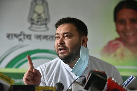 RJD leader Tejashwi Yadav addressing reporters in Patna (File Photo | EPS)