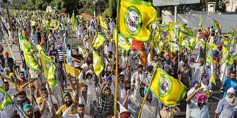 Members of various farmer organisations hold a protest against the Central Government over agriculture-related ordinances in Patiala. (Photo | PTI)