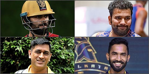 (From clockwise) Mumbai Indians skipper Rohit Sharma, KKR skipper Dinesh Karthik, CSK skipper MS Dhoni and RCB skipper Virat Kohli (Photo| PTI and Facebook)
