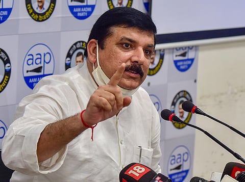 AAP MP Sanjay Singh addresses a press conference at party office in New Delhi. (Photo | PTI)