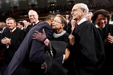 In this Jan. 25, 2011, file photo, President Barack Obama hugs Supreme Court Justice Ruth Bader Ginsburg on Capitol Hill in Washington. (Photo | AP)