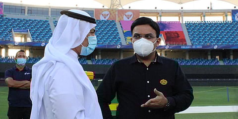 BCCI secretary Jay Shah (R) interacts with Emirates Cricket Board vice-chairman Khalid Al Zarooni. (Photo| Twitter/ @JayShah)