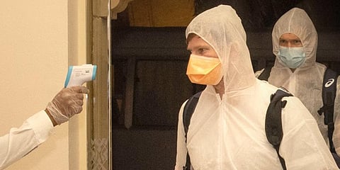 Rajasthan Royal skipper Steve Smith undergoes a thermal scan. (photo| twitter)