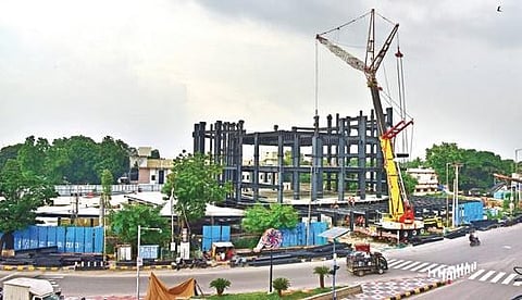 Construction work going on at brisk pace at the Martyrs’ Memorial near Hussainsagar, in Hyderabad | Vinay Madapu