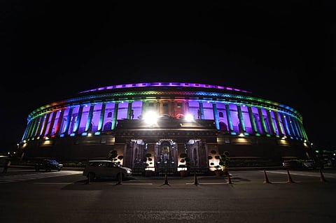 An illuminated Parliament House during ongoing Monsoon Session in New Delhi Saturday Sept. 19 2020. (Photo | PTI)