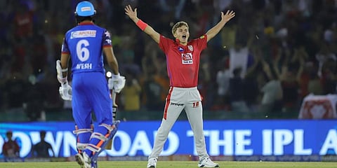 Kings XI Punjab pacer Sam Curran celebrates his hattrick for IPL 2019 as Delhi Capitals' Avesh Khan watches on. (photo| KXIP website)