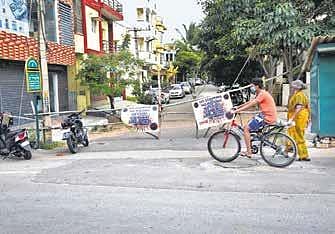 A road in Kengeri that has been sealed after the area was declared a containment zone, in Bengaluru on Tuesday | Nagaraja Gadekal