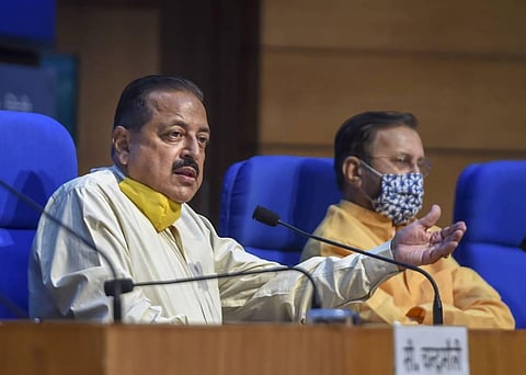 Union Ministers Prakash Javadekar and Jitendra Singh during a media briefing on cabinet decisions at National Media Centre in New Delhi Wednesday. (Photo | PTI)