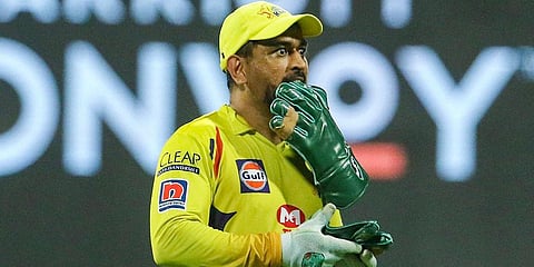 Chennai Super Kings skipper MS Dhoni during the opening match of IPL 2020 at Abu Dhabi's Sheikh Zayed Stadium on Saturday. (Photo| ANI)