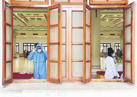 Covid-19 tests being conducted before the start of the Assembly session, at Vidhana Soudha on Friday. (Photo | Vinod Kumar T, EPS)