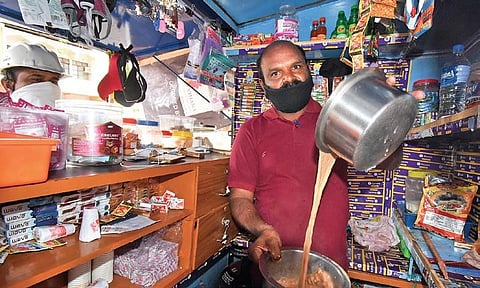 R Manjunath brews tea at his roadside stall in Mysuru. Top: As an accomplished para-athlete, he has bagged many medals at various events | Udayshankar S