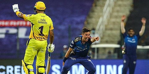 Mumbai Indians player Trent Boult reacts after taking the wicket of CSK player Shane Watson during the first cricket match of IPL 2020 at Sheikh Zayed Stadium. (Photo | PTI)