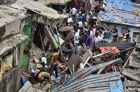 Search and rescue operation underway after a three storeyed building collapsed at Bhiwandi in Thane district Monday Sept. 21 2020. (Photo | PTI)