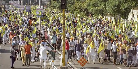 Members of various farmer organisations hold a protest against the Central Government over agriculture-related ordinances. (Photo | PTI)