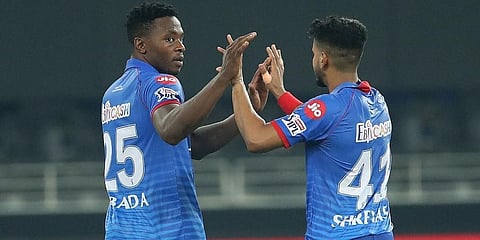 Delhi Capitals seamer Kagiso Rabada celebrates with his captain Shreyas Iyer. (Photo | PTI)