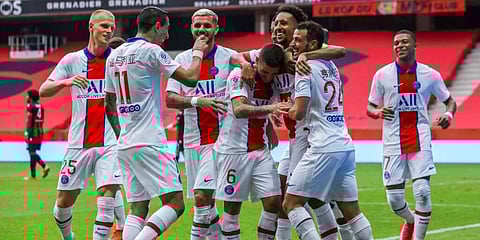 PSG players celebrate their third goal during the French League One match against Nice at the Allianz Riviera stadium. (Photo | AP)