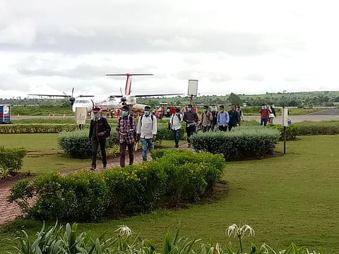 Passengers departing a flight at Belagavi airport. (Photo | Express)