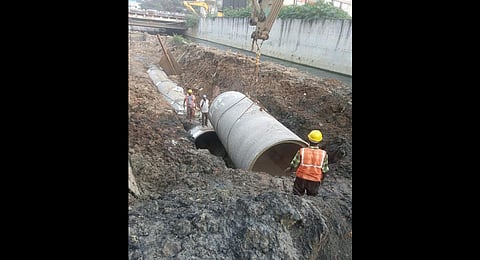 Ongoing pipe-laying work. (Photo | Express)