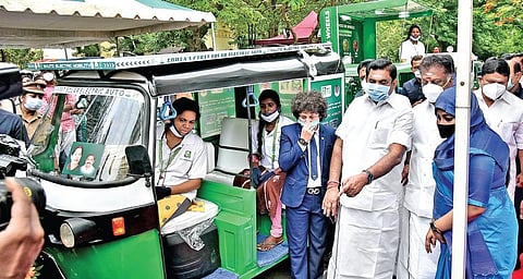 Chief Minister Edappadi K Palaniswami after launching 13 variants of M-Auto, manufactured by M-Auto Electric Mobility, in Chennai on Monday | P JAWAHAR