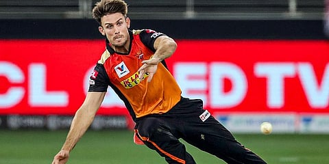 Sunrisers Hyderabad player Mitchell Marsh tries to catch ball during a cricket match of IPL 2020 against Royal Challengers Bangalore at Dubai International Cricket Stadium. (Photo | PTI)