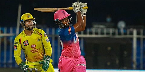 Rajasthan Royals batsman Sanju Samson plays a shot during a cricket match against Chennai Super Kings of IPL 2020 at Sharjah Cricket Stadium. (Photo | PTI)