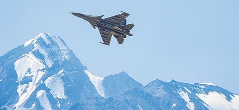An IAF Sukhoi Su-30MKI fighter aircraft flies over Ladakh region amid tension at LAC on Tuesday | Pti