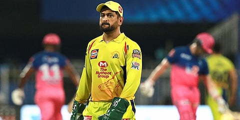 Chennai Super Kings captain Mahendra Singh Dhoni during IPL 2020 cricket match against Rajasthan Royals at Sharjah Cricket Stadium. (Photo | PTI)