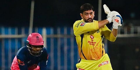 Chennai Super Kings captain Mahendra Singh Dhoni plays a shot during IPL 2020 cricket match against Rajasthan Royals at Sharjah Cricket Stadium. (Photo | PTI)