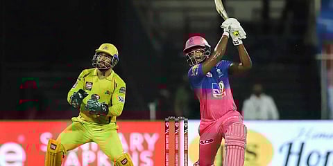 Rajasthan Royals batsman Sanju Samson plays a shot during a cricket match against Chennai Super Kings of IPL 2020 at Sharjah Cricket Stadium. (Photo | PTI)