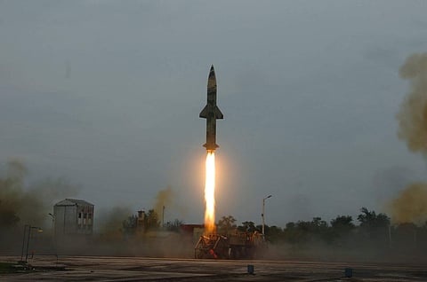 Prithvi-II missile being tested off the Odisha coast. (Photo | EPS)