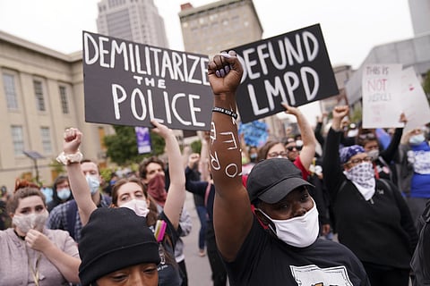 Protesters speak, Wednesday, Sept. 23, 2020, in Louisville, Ky. A grand jury has indicted one officer on criminal charges six months after Breonna Taylor was fatally shot by police. (Photo | AP)